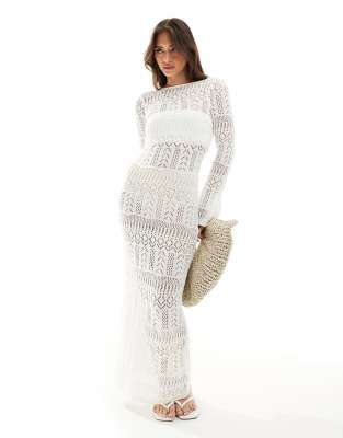 Pimkie Pimkie crochet long sleeve scoop back maxi dress in ecru-White