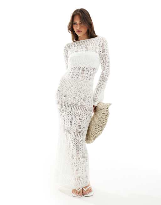 Pimkie crochet long sleeve scoop back maxi dress in ecru