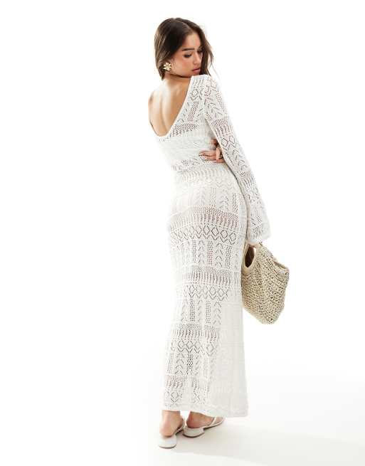 Pimkie crochet long sleeve scoop back maxi dress in ecru, 2 of 4