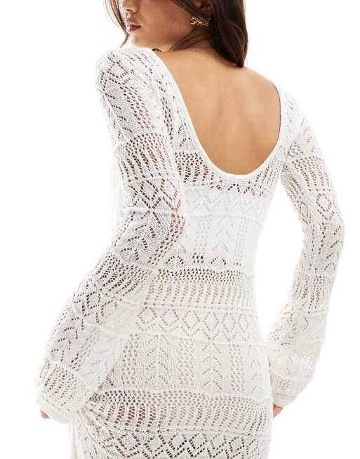 Pimkie crochet long sleeve scoop back maxi dress in ecru, 3 of 4