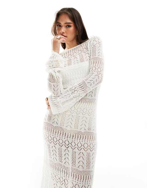 Pimkie crochet long sleeve scoop back maxi dress in ecru, 4 of 4