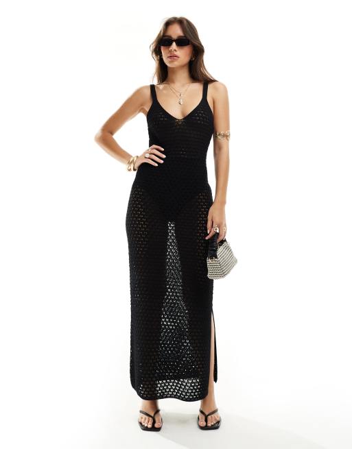 Pimkie crochet v neck maxi dress in black