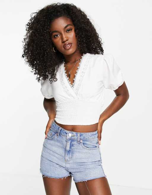 Pimkie Crop top fronces avec d tail en maille crochet e Blanc