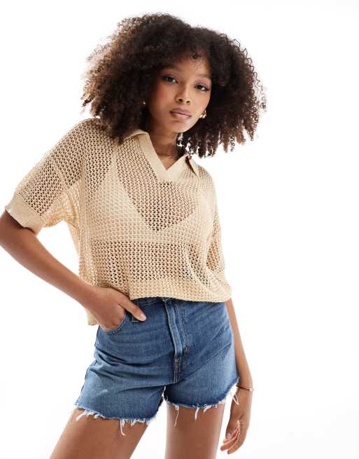 Pimkie - Crop top color cammello all'uncinetto con colletto
