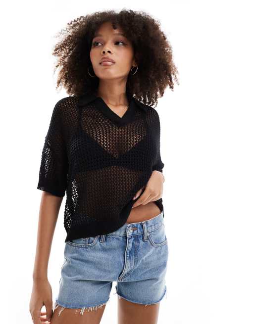 Pimkie - Crop top nero all'uncinetto con colletto