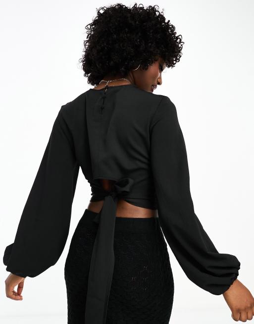 Pimkie cropped bow back blouse in black