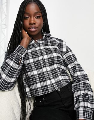 Pimkie cropped check shirt with frill shoulder detail in mono