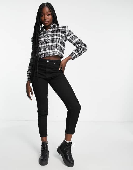 Pimkie cropped check shirt with frill shoulder detail in mono , 4 of 4