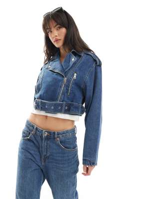 Pimkie Pimkie cropped denim biker jacket in blue-Neutral