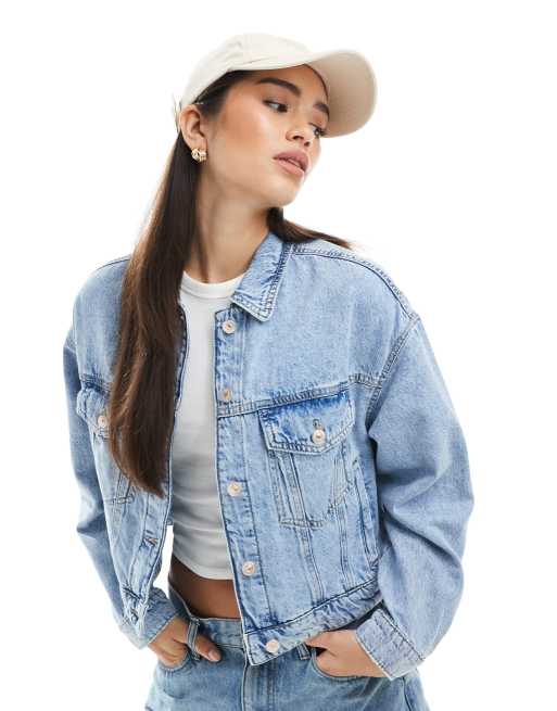 Women's Cropped Denim Jacket - 3/4 Sleeve Light Wash Trucker Coat | Colored Short Jean Jacket