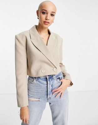 Pimkie cropped double breasted blazer co-ord in beige