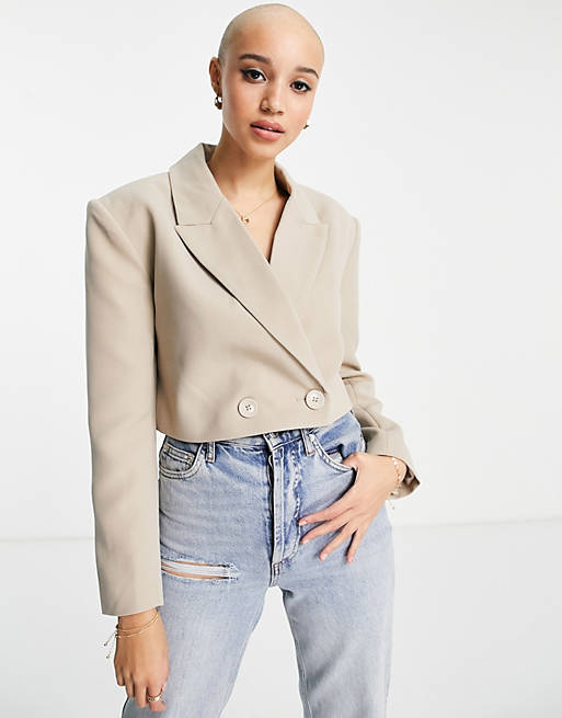 Suits & Separates Pimkie cropped double breasted blazer co-ord in beige 