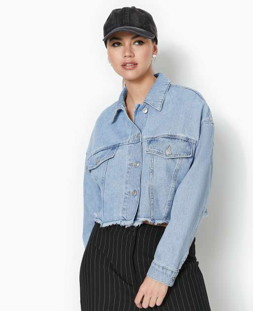 Pimkie - Cropped oversized denim jack met onafgewerkte zoom in lichte wassing blauw
