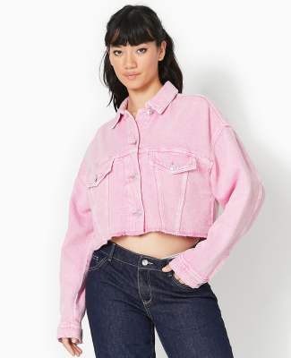 Pimkie Pimkie cropped oversized denim jacket with raw hem in pink wash
