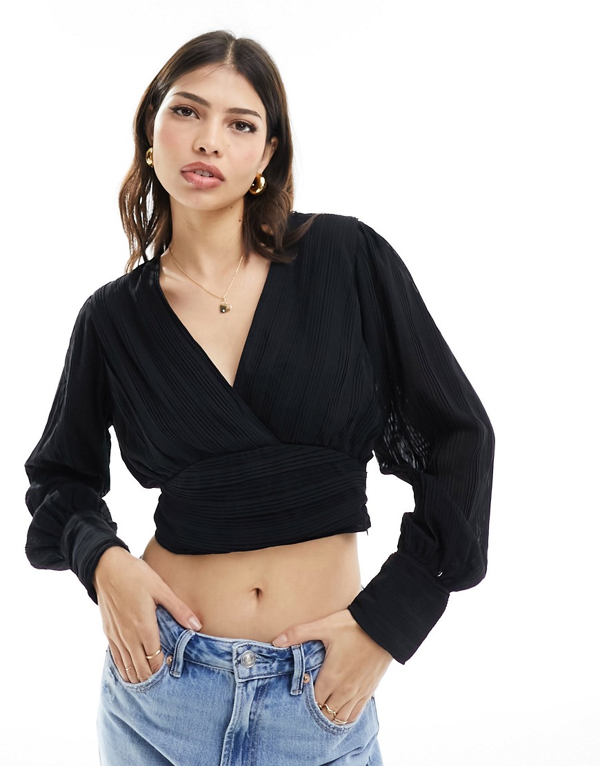 Pimkie cropped pleat detail wrap front top in black