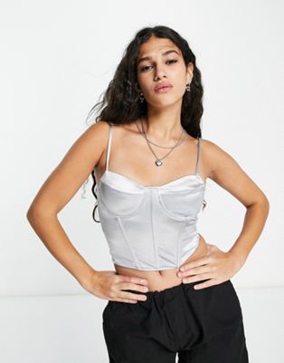 Pimkie cropped satin corset top in ice blue