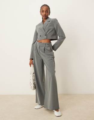 Pimkie cropped tailored blazer and wide leg trousers co ord in grey pinstripe