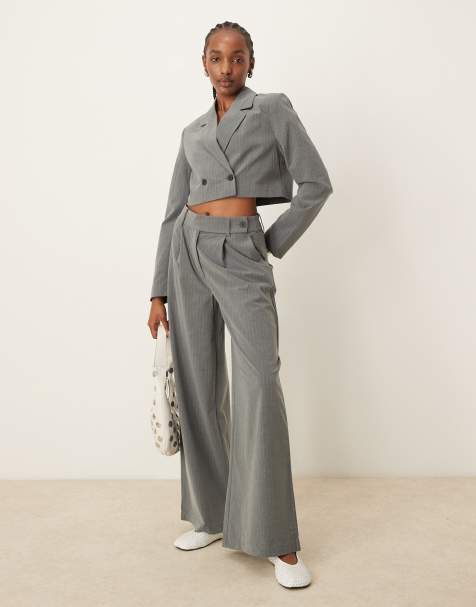 Pimkie cropped tailored blazer and wide leg tailored trousers co-ord in grey pinstripe - view 1