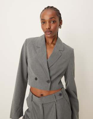 Pimkie Pimkie cropped tailored blazer co-ord in grey pinstripe-Multi