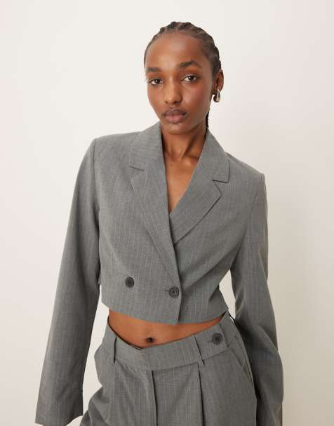 Pimkie cropped tailored blazer co-ord in grey pinstripe - view 1