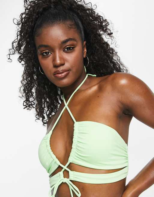 Pimkie cross strap detail bikini top co ord in bright green