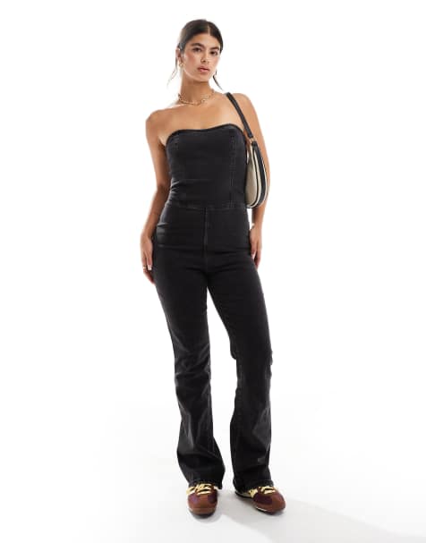 Pimkie denim bandeau flared jumpsuit in black - view 1
