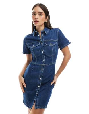 Pimkie denim cinched waist button through mini dress in blue wash