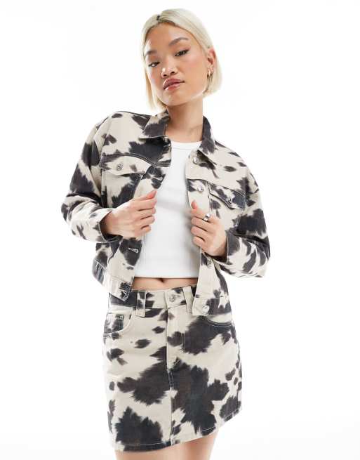 Pimkie denim mini skirt co-ord in black & white cow print, 2 of 5