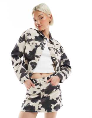 Pimkie denim pocket detail jacket co-ord in black & white cow print-Multi
