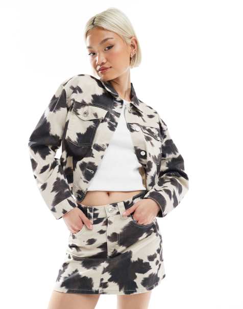 Pimkie denim pocket detail jacket in black & white cow print (part of a set) - view 1
