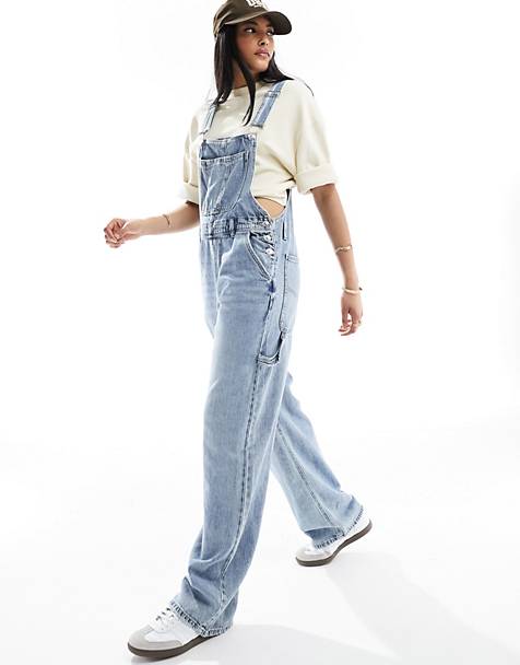 DSFEOIGY Denim Overalls for Women Casual Loose Wide Leg Dungarees