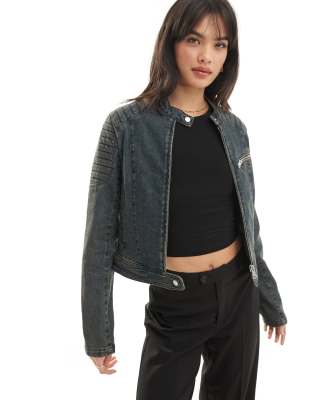 Pimkie Pimkie denim zip through fitted biker jacket in dirty denim-Blue