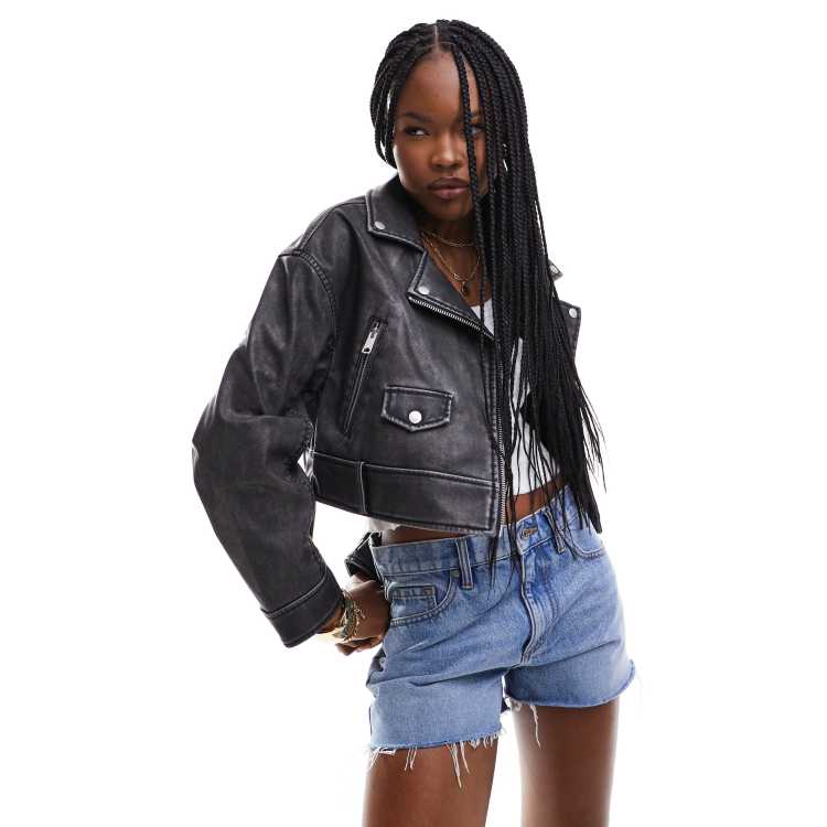 Black crop biker outlet jacket