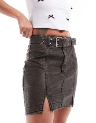 Pimkie Pimkie distressed leather look belted mini skirt with front splits in brown