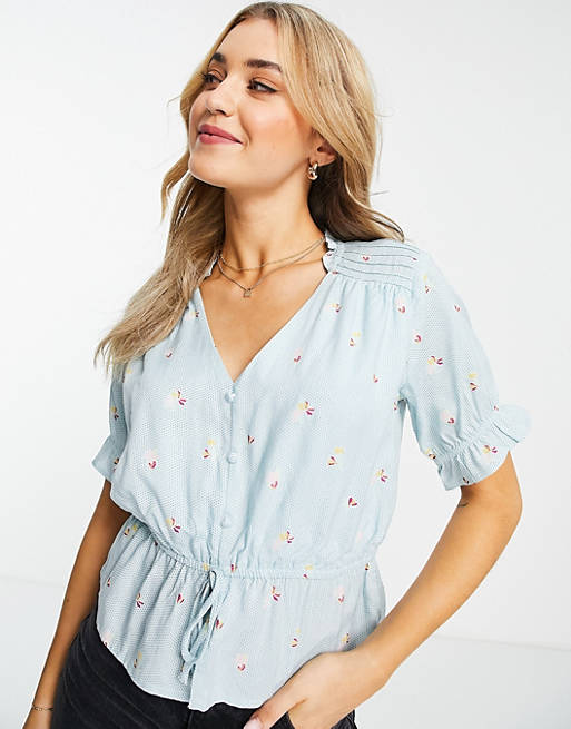 Tops Shirts & Blouses/Pimkie ditsy floral tie detail blouse in blue 