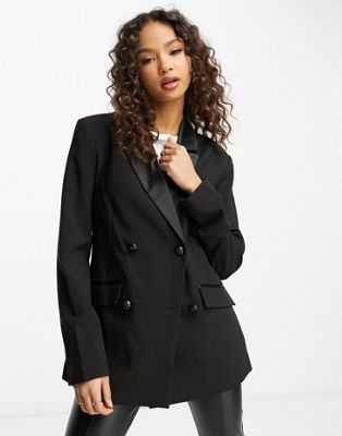 Pimkie double breasted blazer with satin detail in black