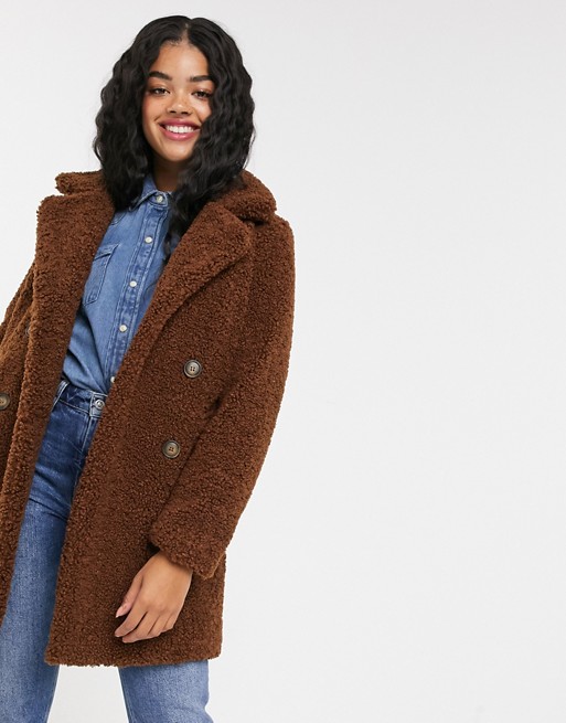 Pimkie double breasted teddy jacket in brown