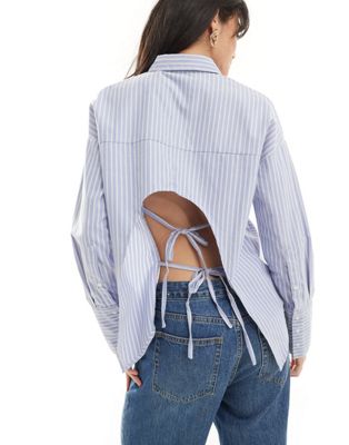 Pimkie double tie open tie back shirt in blue and white stripe