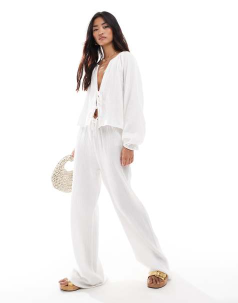 Pimkie drawstring linen look pants in white (part of a set) - view 1