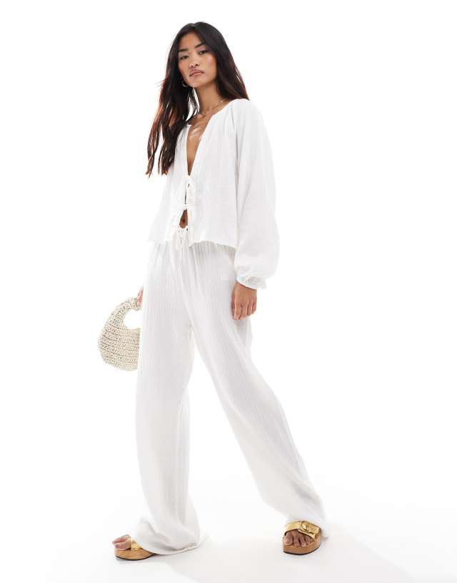 Pimkie - drawstring linen mix trouser co-ord in white