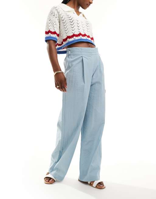Pimkie drawstring paperbag waist wide leg pants in baby blue