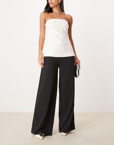 Pimkie drawstring tie waist wide leg pants in black - view 1
