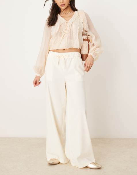 Pimkie drawstring tie waist wide leg pants in ecru - view 1