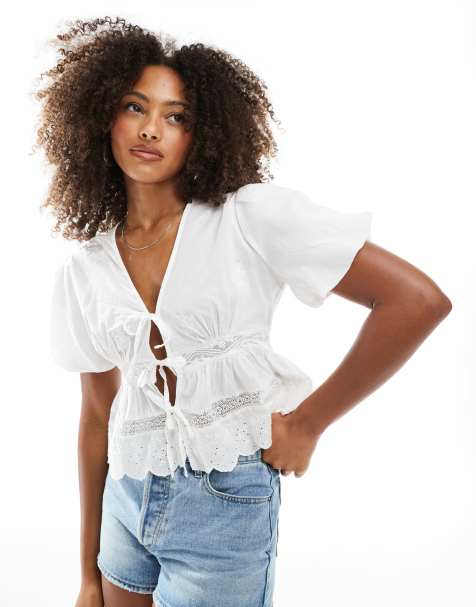 Pimkie embroidered lace tie front puff sleeve blouse in white - view 1