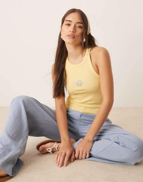 Pimkie embroidered shell front singlet in yellow - view 1