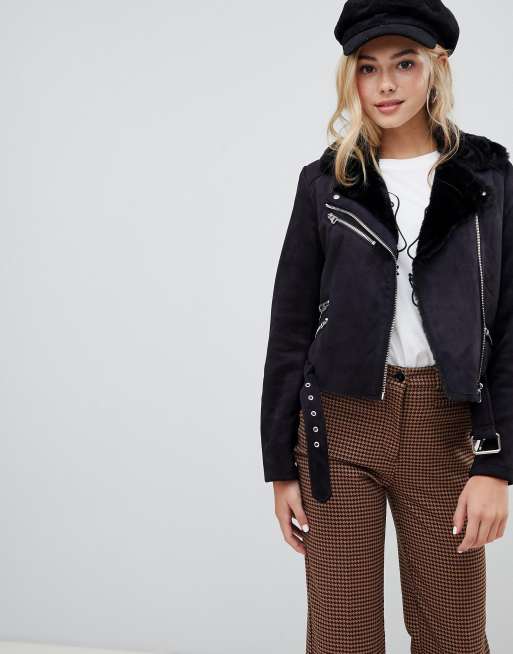 Pimkie Faux Fur Collar Biker Jacket Asos