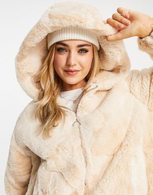 Pimkie faux fur fluffy jacket with hood in beige