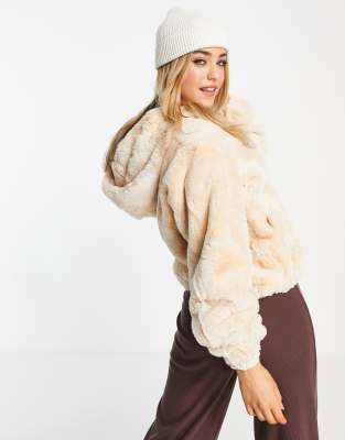 Pimkie faux fur fluffy jacket with hood in beige ASOS