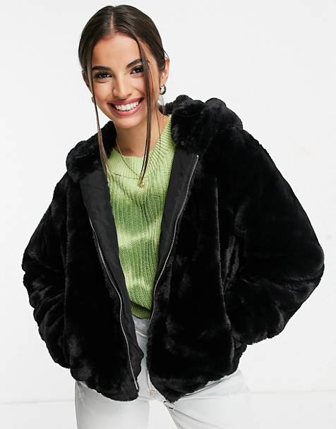 Women S Faux Fur Coats, Short Black Faux Fur Coat With Hood