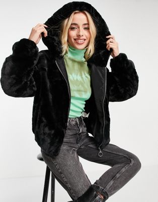 Pimkie faux fur fluffy jacket with hood in black